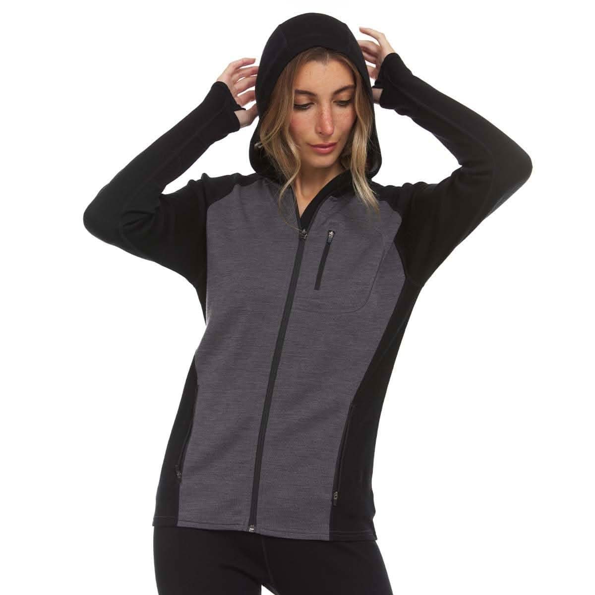 Close-up detail view of a women's midweight full-zip merino wool hoodie