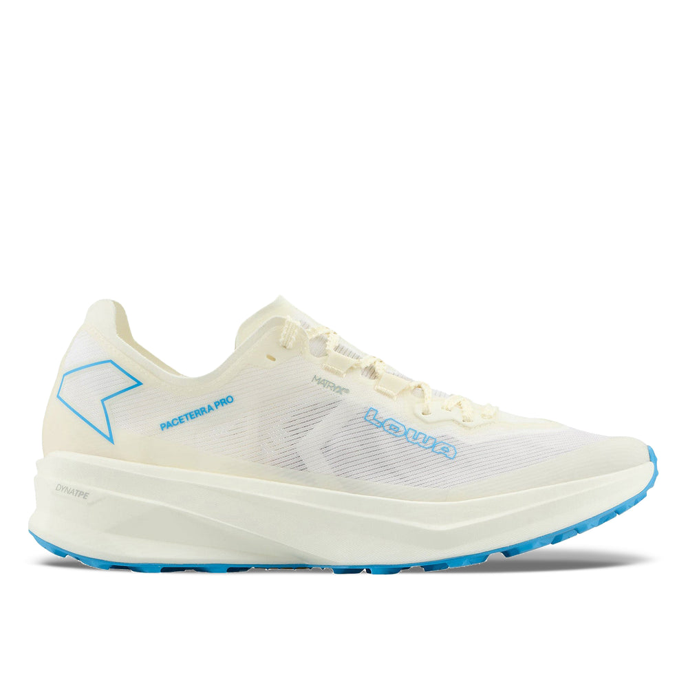 LOWA Paceterra Pro men's trail running shoe in off white and sky blue, side profile