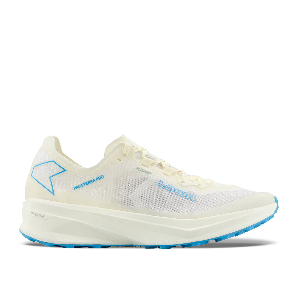LOWA Paceterra Pro WS women's trail running shoe in off white and sky blue, side profile