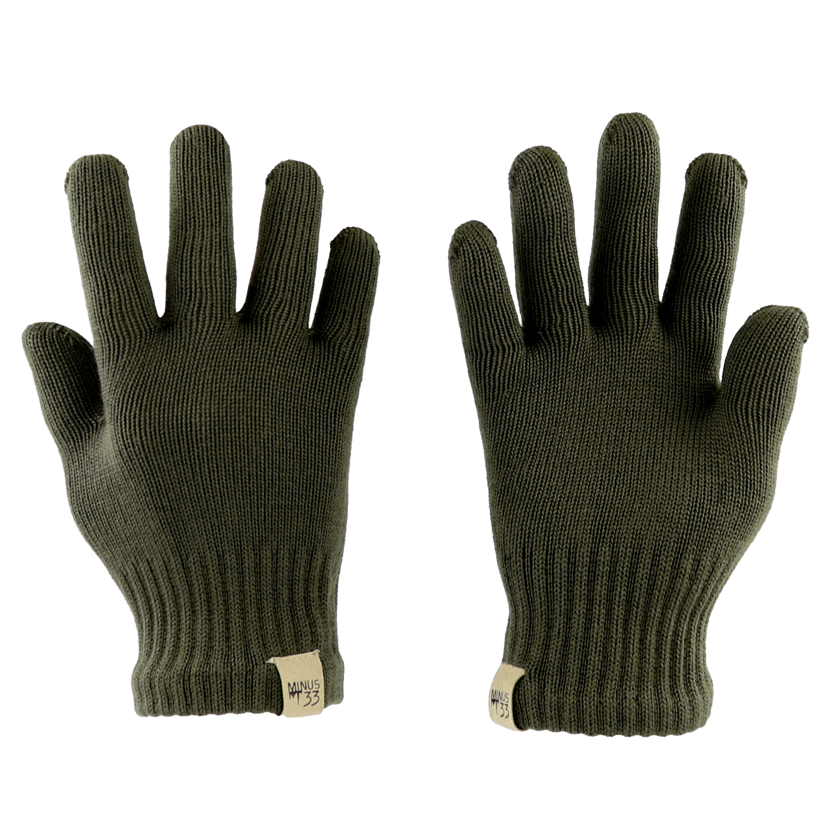 Olive drab merino wool full-finger gloves, front and back flat lay