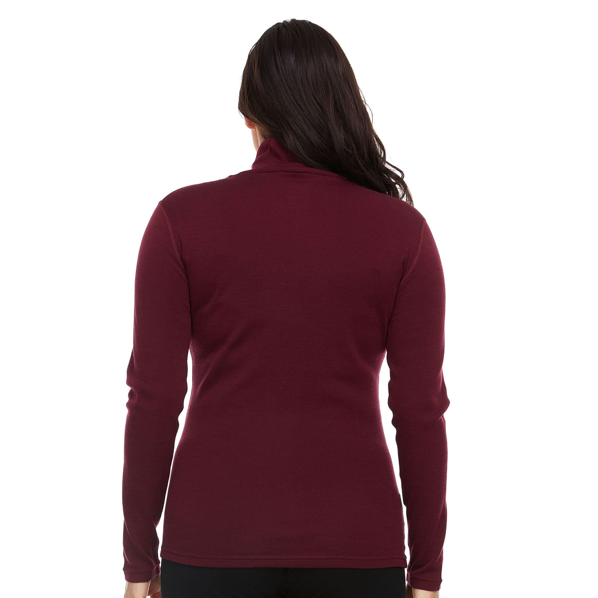 Back view of a woman wearing a burgundy midweight merino wool turtleneck sweater, showing the high collar, straight shoulder seams, long fitted sleeves, gently shaped waist, and even hip-length hem