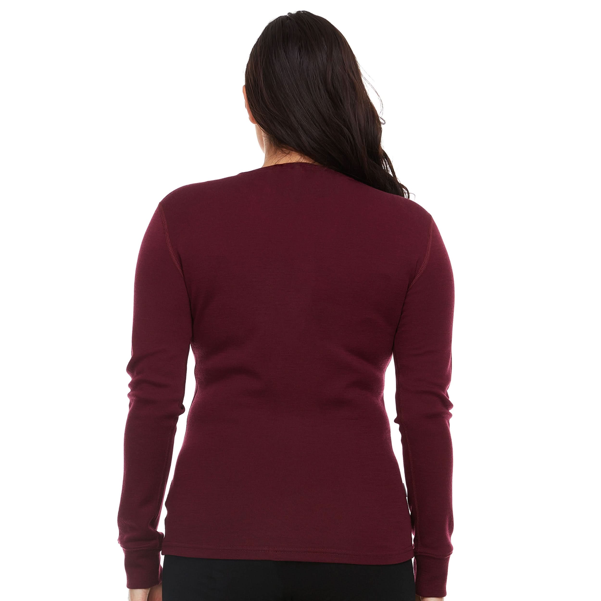 Women's wool long sleeve shirt women's merino wool henley longsleeve tee. Back view.