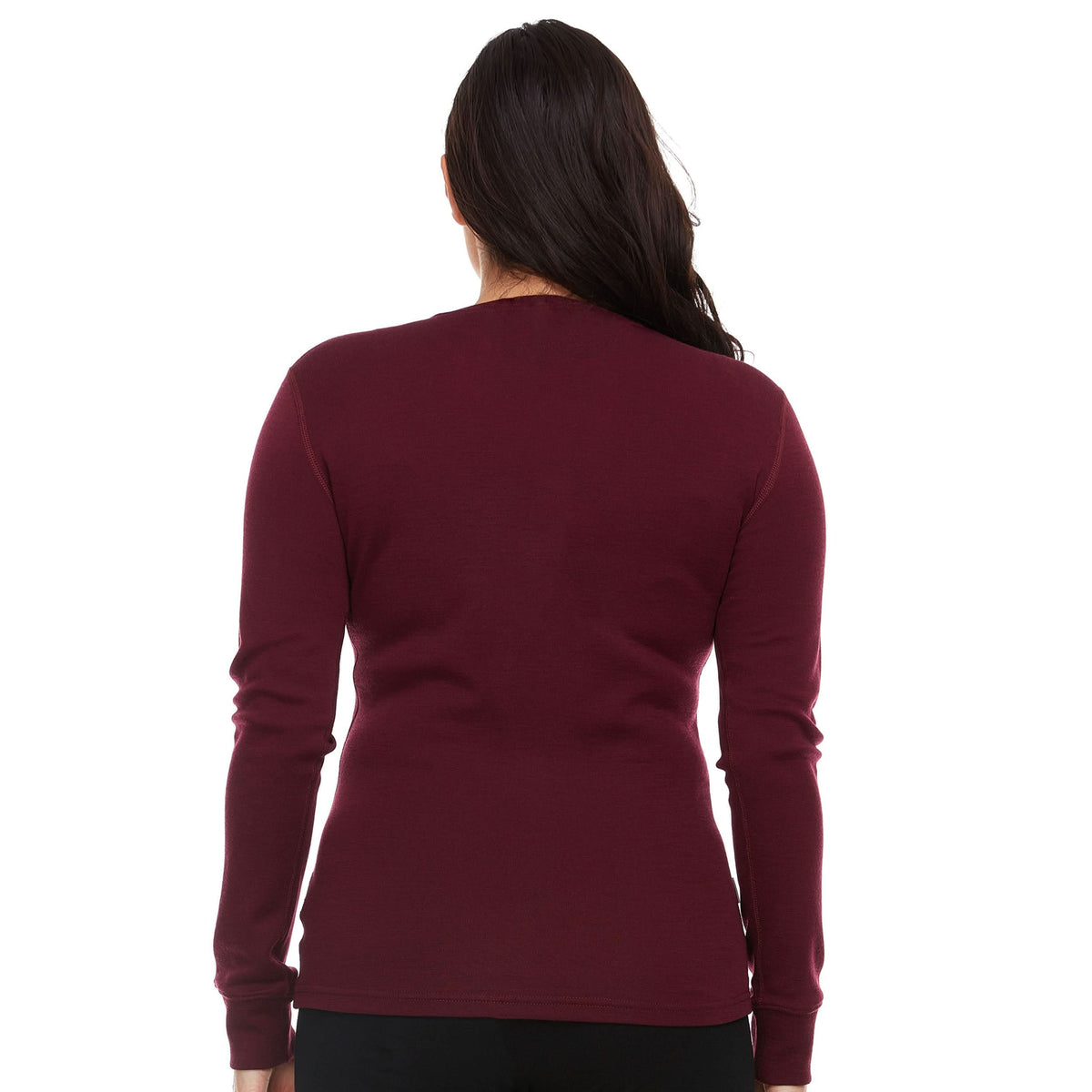 Women's wool long sleeve shirt women's merino wool henley longsleeve tee. Back view.
