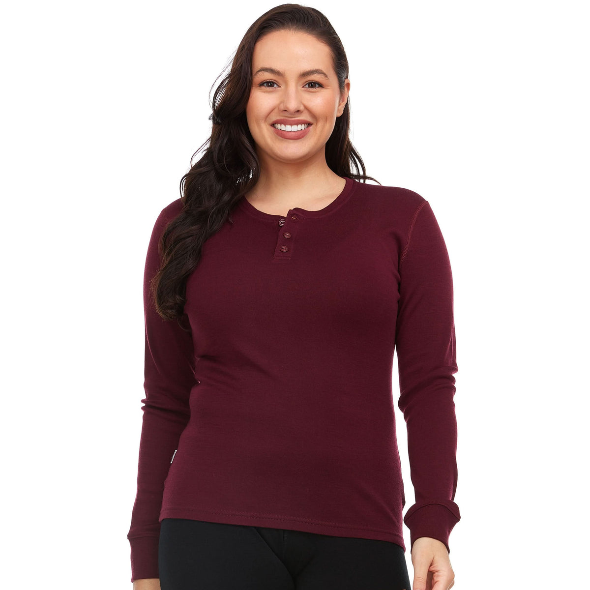Women's wool long sleeve shirt women's merino wool henley longsleeve tee. Front view.