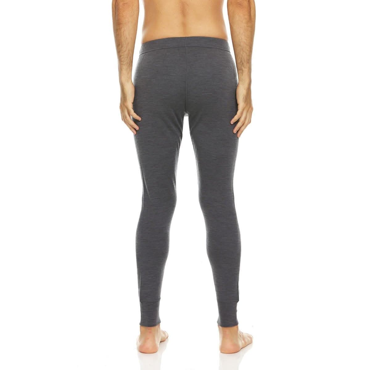 Minus33 Merino Wool Clothing Kancamagus Men's Midweight Wool Bottom thermal baselayer, front view of the boxer briefs with arms relaxed, back view of the base layer bottoms