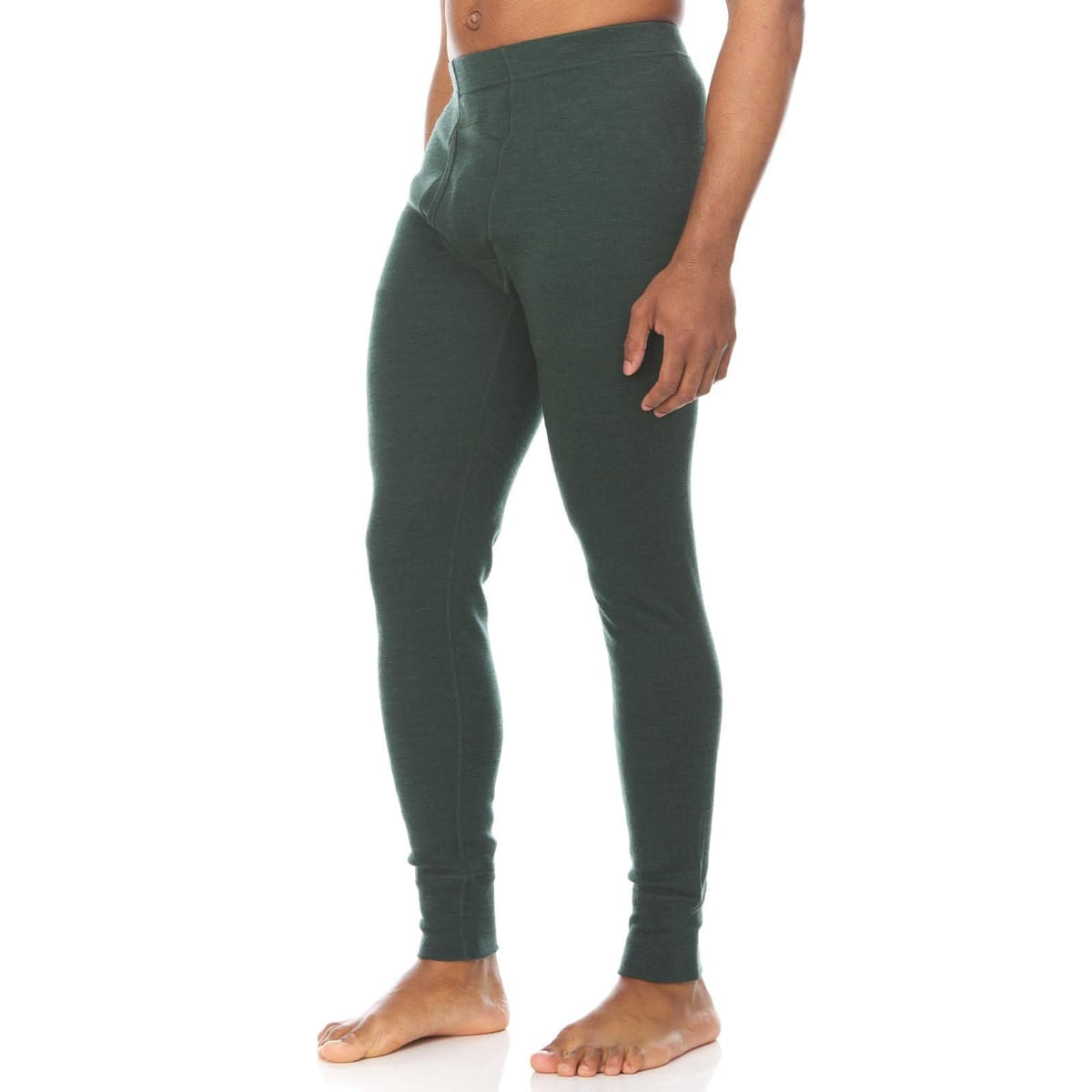 Minus33 Merino Wool Clothing Kancamagus Men's Midweight Wool Bottom thermal baselayer, front view of the boxer briefs showing the hem, studio front view of the base layer bottoms