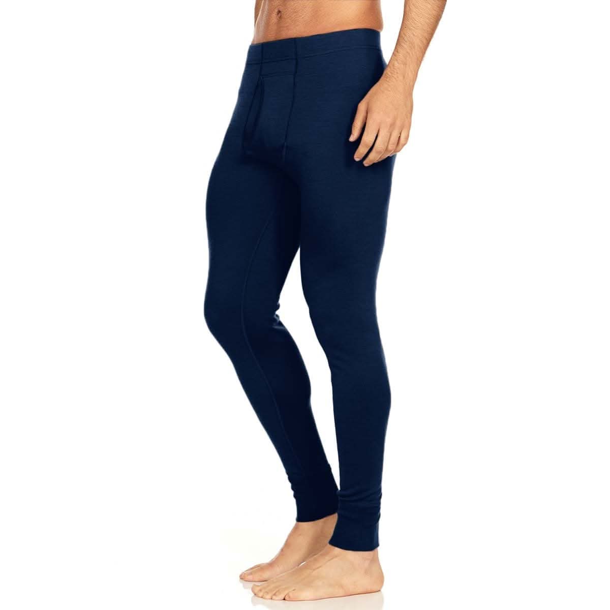 Minus33 Merino Wool Clothing Kancamagus Men's Midweight Wool Bottom thermal baselayer, front view of the boxer briefs close-up of the fabric, back view of the base layer bottoms