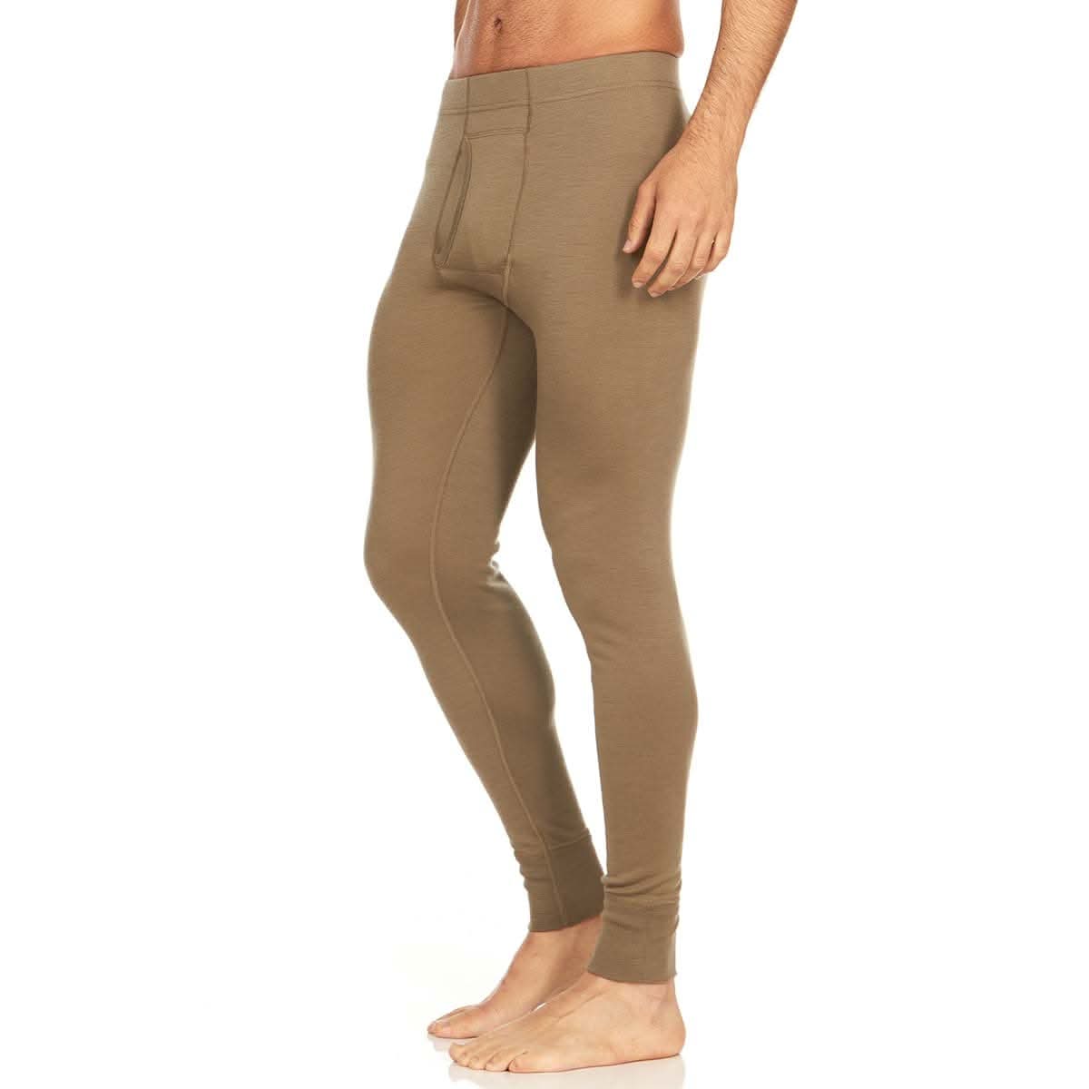 Minus33 Merino Wool Clothing Kancamagus Men's Midweight Wool Bottom thermal baselayer, front view of the boxer briefs showing the collar, back view of the base layer bottoms