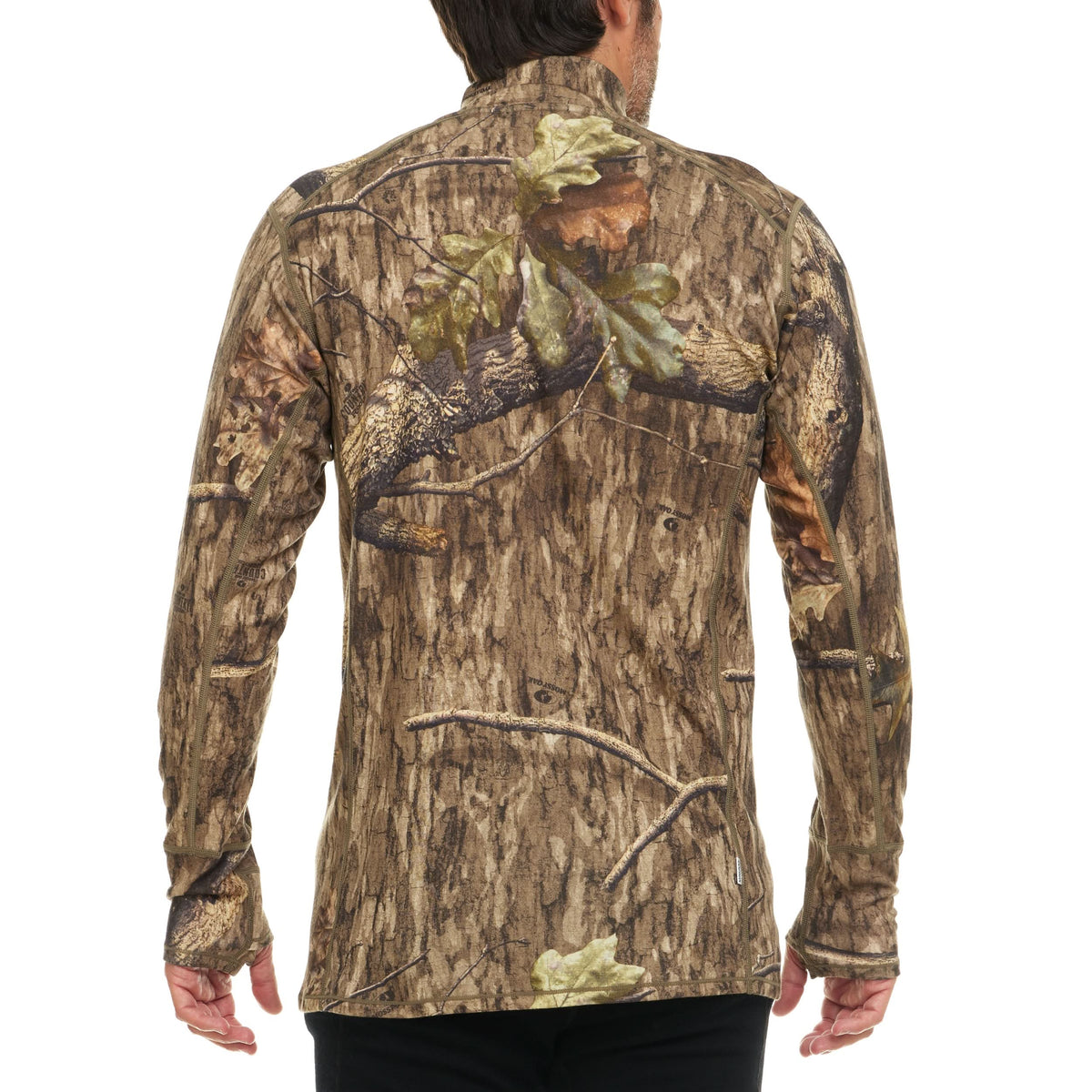 Men's camouflage merino wool quarter-zip top, back view