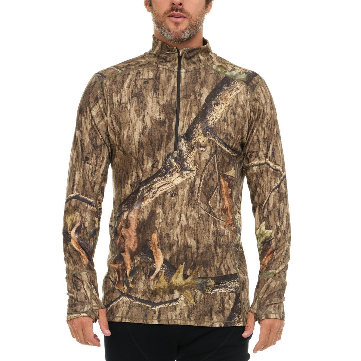 Men's camouflage merino wool quarter-zip top, front view