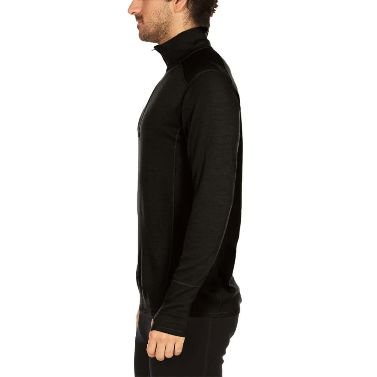 A man models the merino wool midweight quarter zip sweater, complete with flat-lock seams and thumbholes, right-facing side view