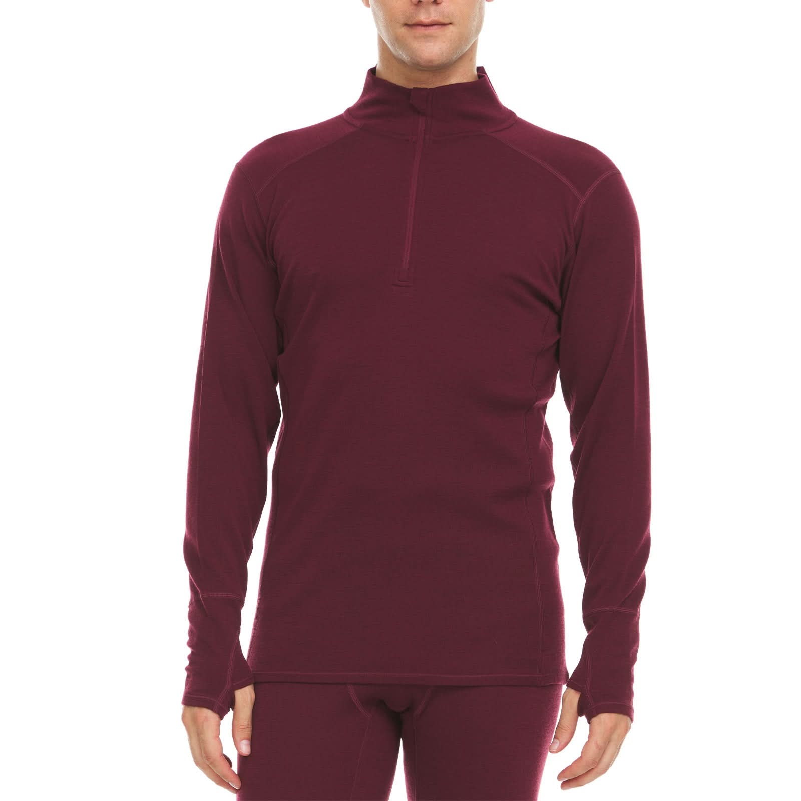 A man models the merino wool midweight quarter zip sweater, complete with flat-lock seams and thumbholes.