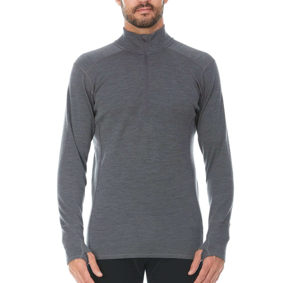 Front view of a man modeling the merino wool charcoal gray midweight quarter zip sweater, complete with flat-lock seams and thumbholes.