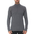 Front view of a man modeling the merino wool charcoal gray midweight quarter zip sweater, complete with flat-lock seams and thumbholes.