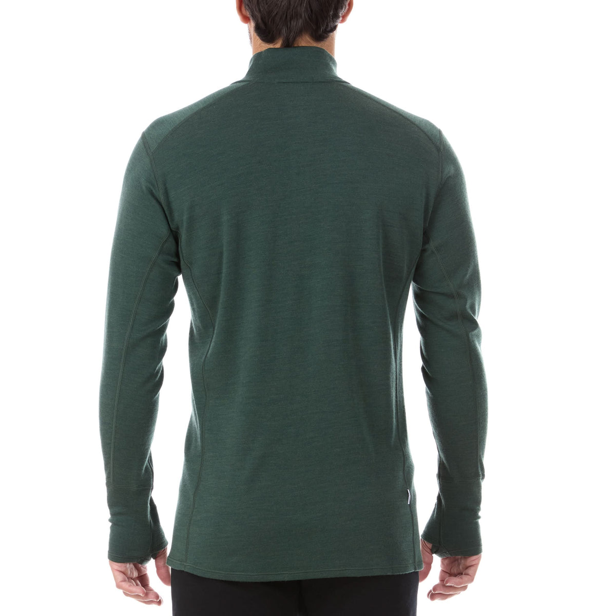 A man models the merino wool midweight quarter zip sweater, complete with flat-lock seams and thumbholes, back view
