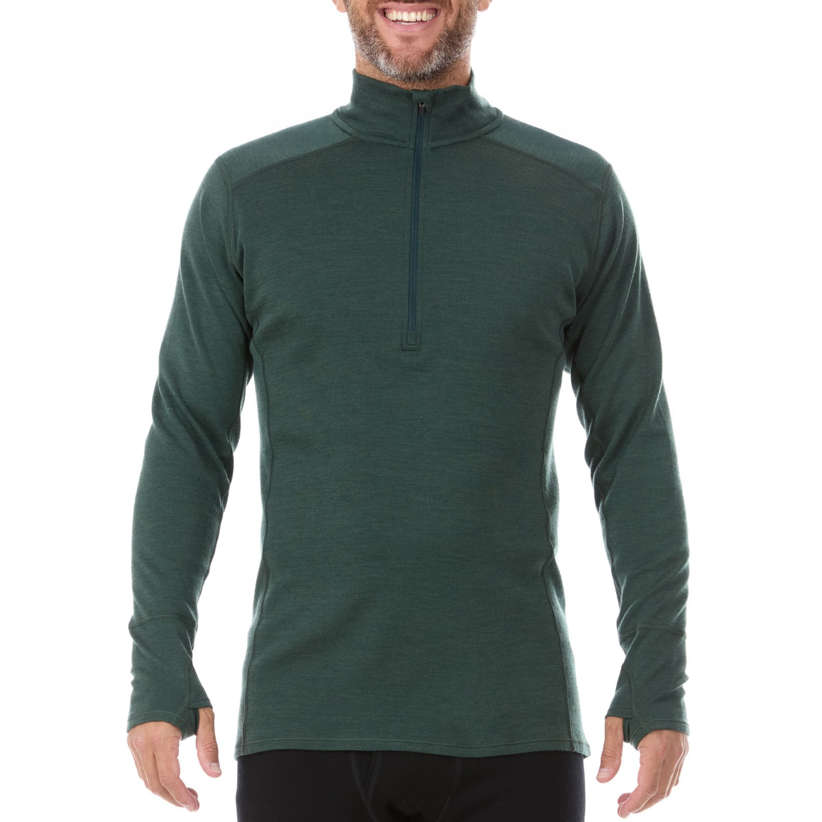 A man models the merino wool midweight quarter zip sweater, complete with flat-lock seams and thumbholes.