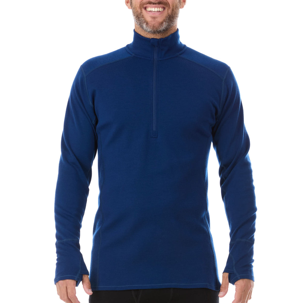 A man models the merino wool midweight quarter zip sweater, complete with flat-lock seams and thumbholes, front view