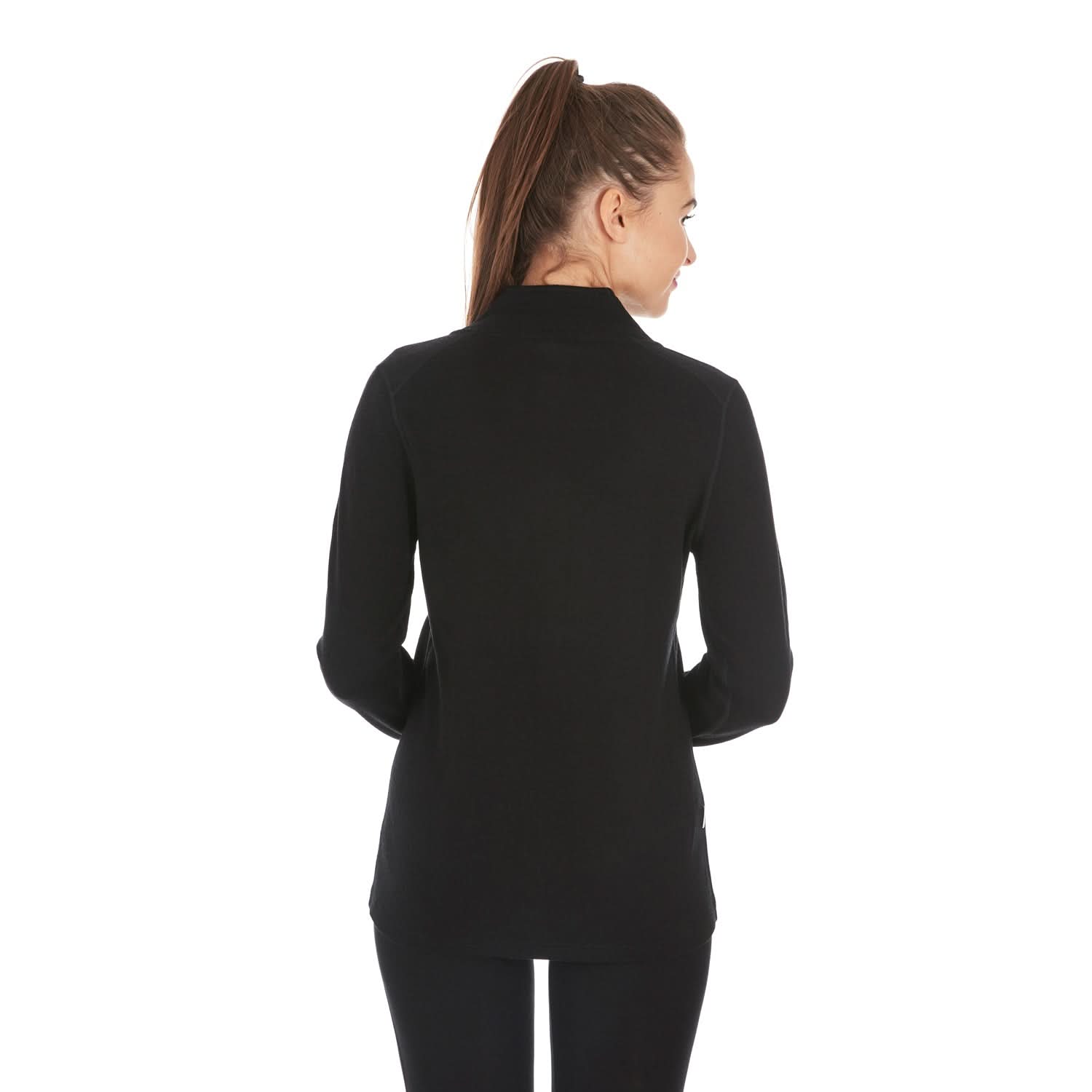 Woman modeling a heavyweight full-zip merino wool sweater, back view