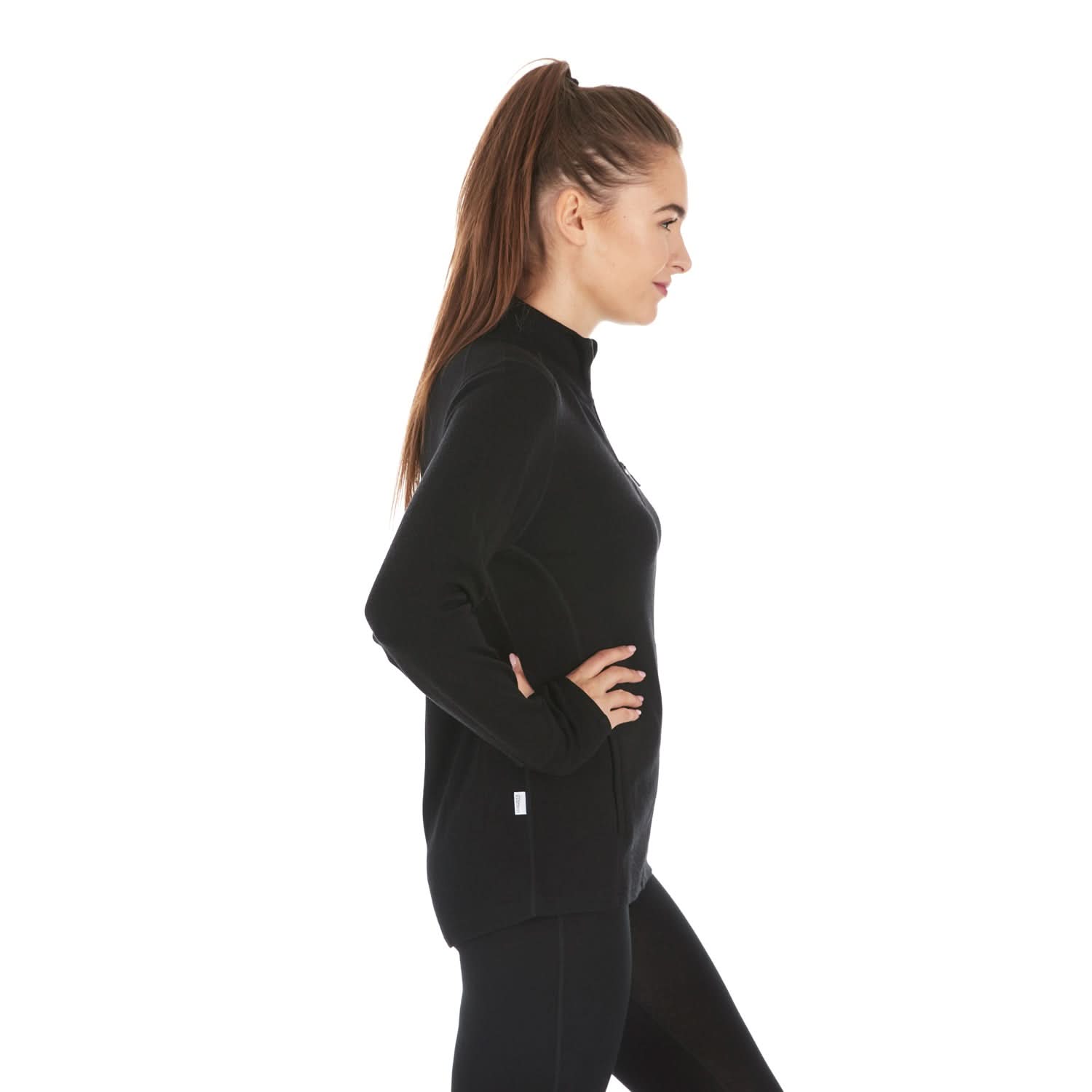Woman modeling a heavyweight full-zip merino wool sweater, right-facing side view