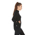 Woman modeling a heavyweight full-zip merino wool sweater, right-facing side view