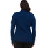 A woman models a hundred percent merino wool heavyweight full zip sweater. This outer layer features a two and a half inch mock neck collar, two zippered pockets, and thumbholes. Back view.