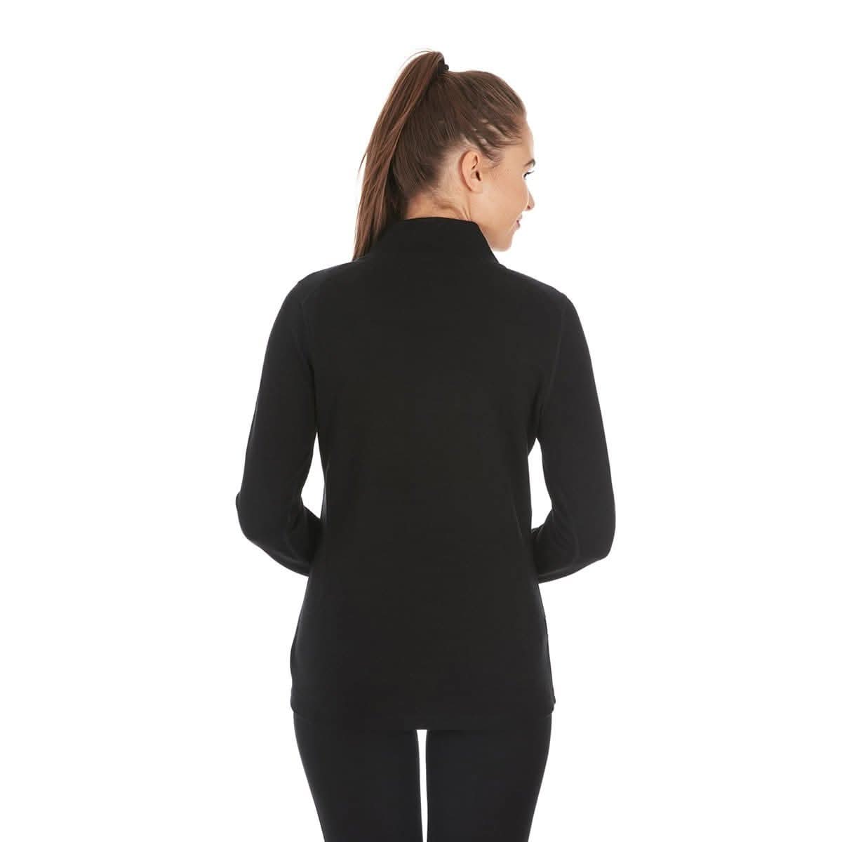 Minus33 Merino Wool Clothing Wilderness Expedition Women's Wool 1/4 Zip, close-up of the product with hands on hips