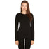 A woman models the one hundred percent merino wool heavyweight women's base layer crew top. This super soft top has a princess cut style for a more flattering fit.