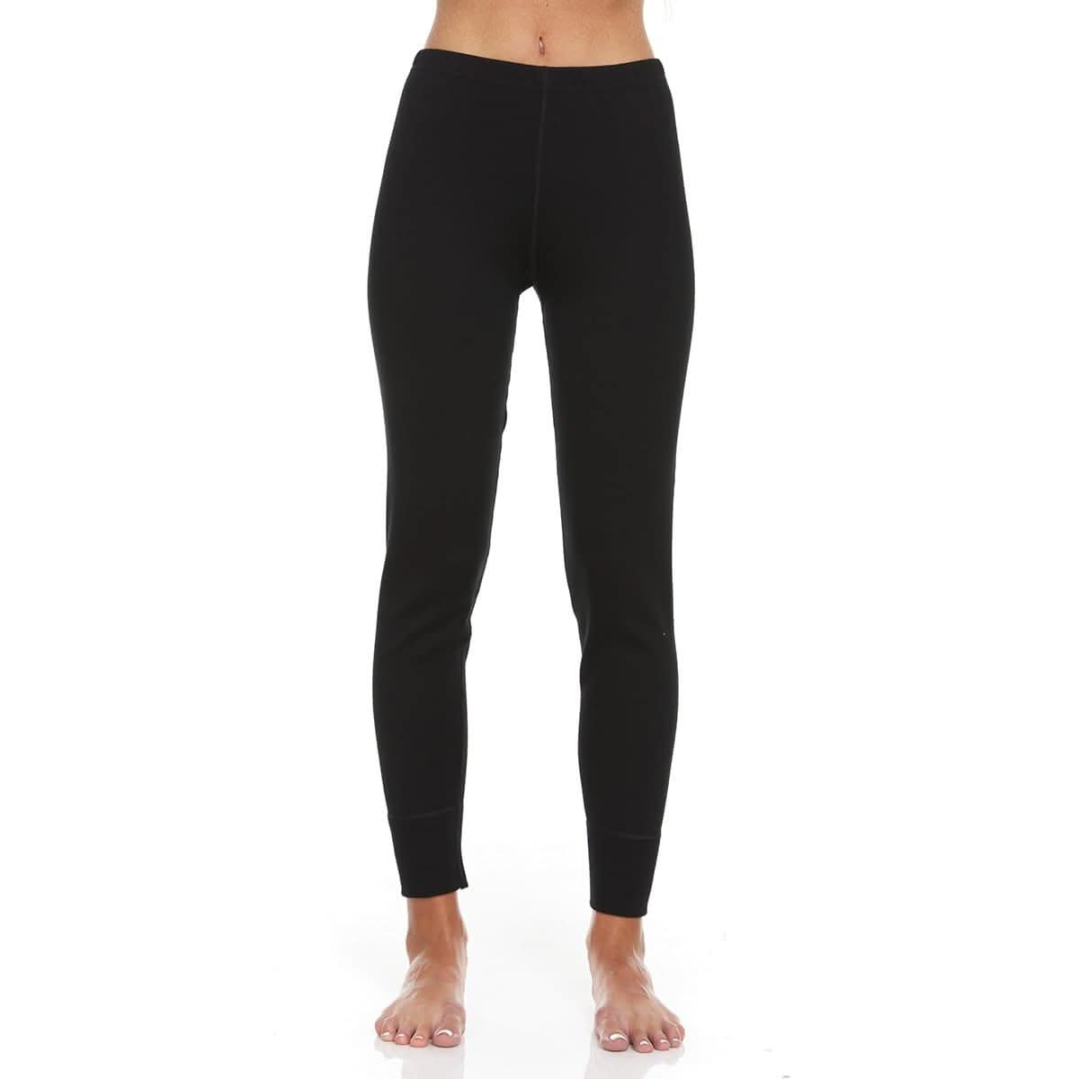 A pair of one hundred percent merino wool heavyweight women's base layer bottoms. These bottoms feature a gusset between the legs for improved range of motion, and cuffs around the ankles for comfort and style. Front view.