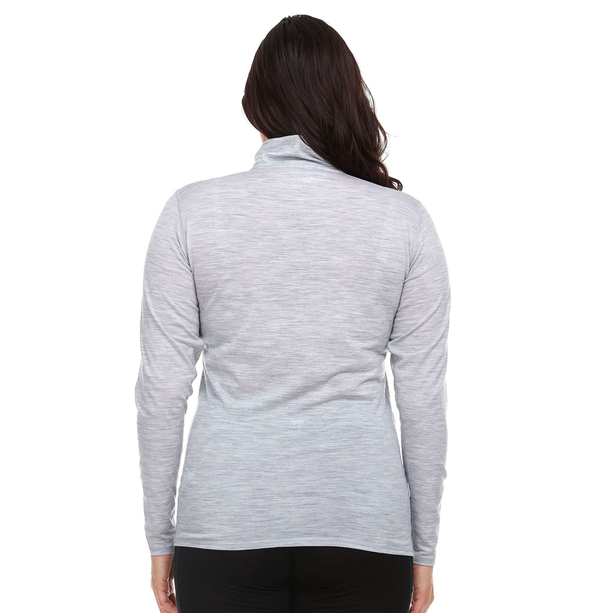Womens wool quarter zip merino wool 1/4 zip for summer super lightweight wool sweater. Back view.