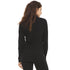 Back view of a woman wearing a black micro weight merino wool quarter-zip top, showing the stand collar, shoulder seams, fitted long sleeves, straight back panel, and hip-length hem