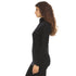 Left side view of a woman wearing a black micro weight merino wool quarter-zip top, showing the stand collar, zipper edge, fitted sleeve, shaped side seam, and smooth hem