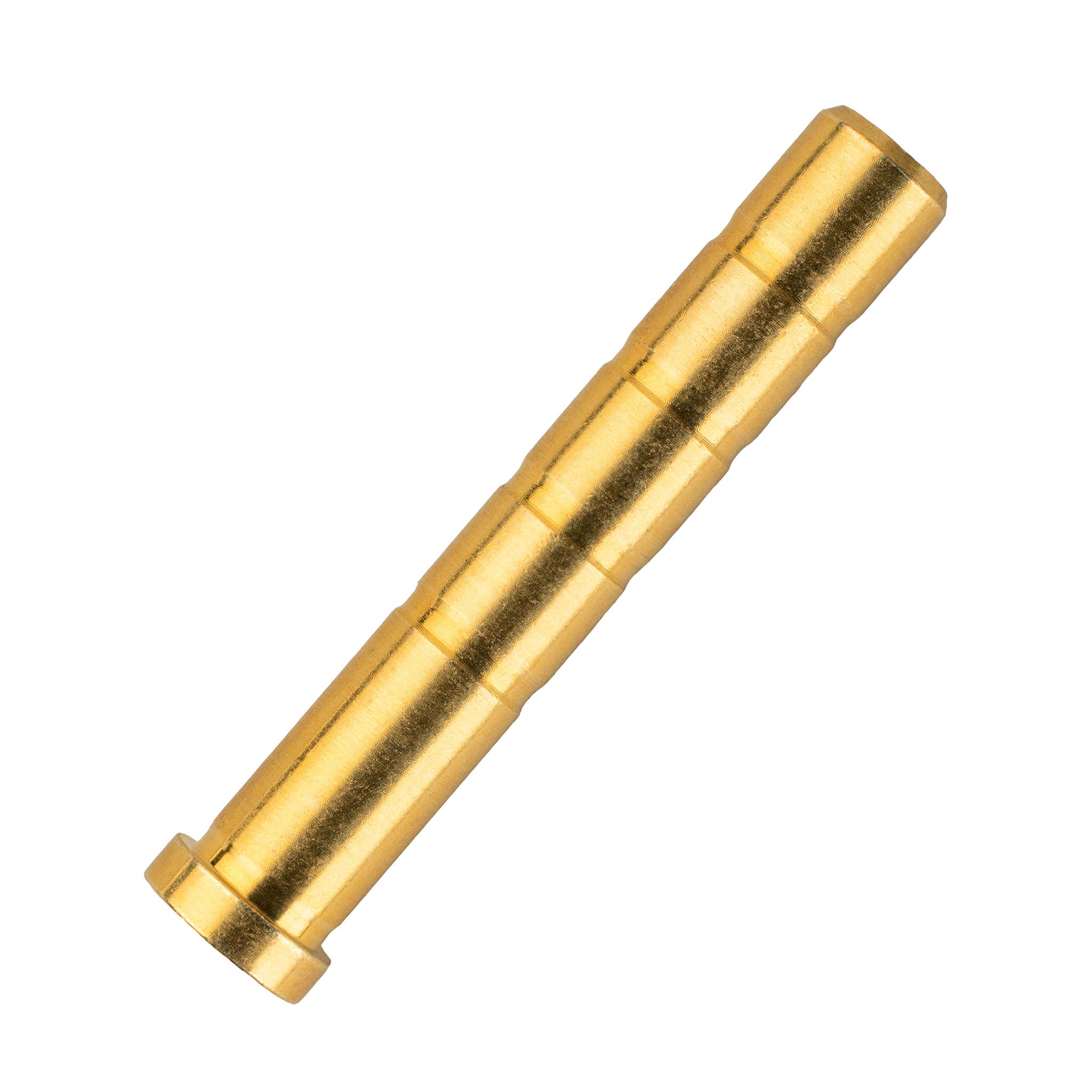 Close-up of a long brass-colored arrow insert with shallow grooves and a raised rim at one end.