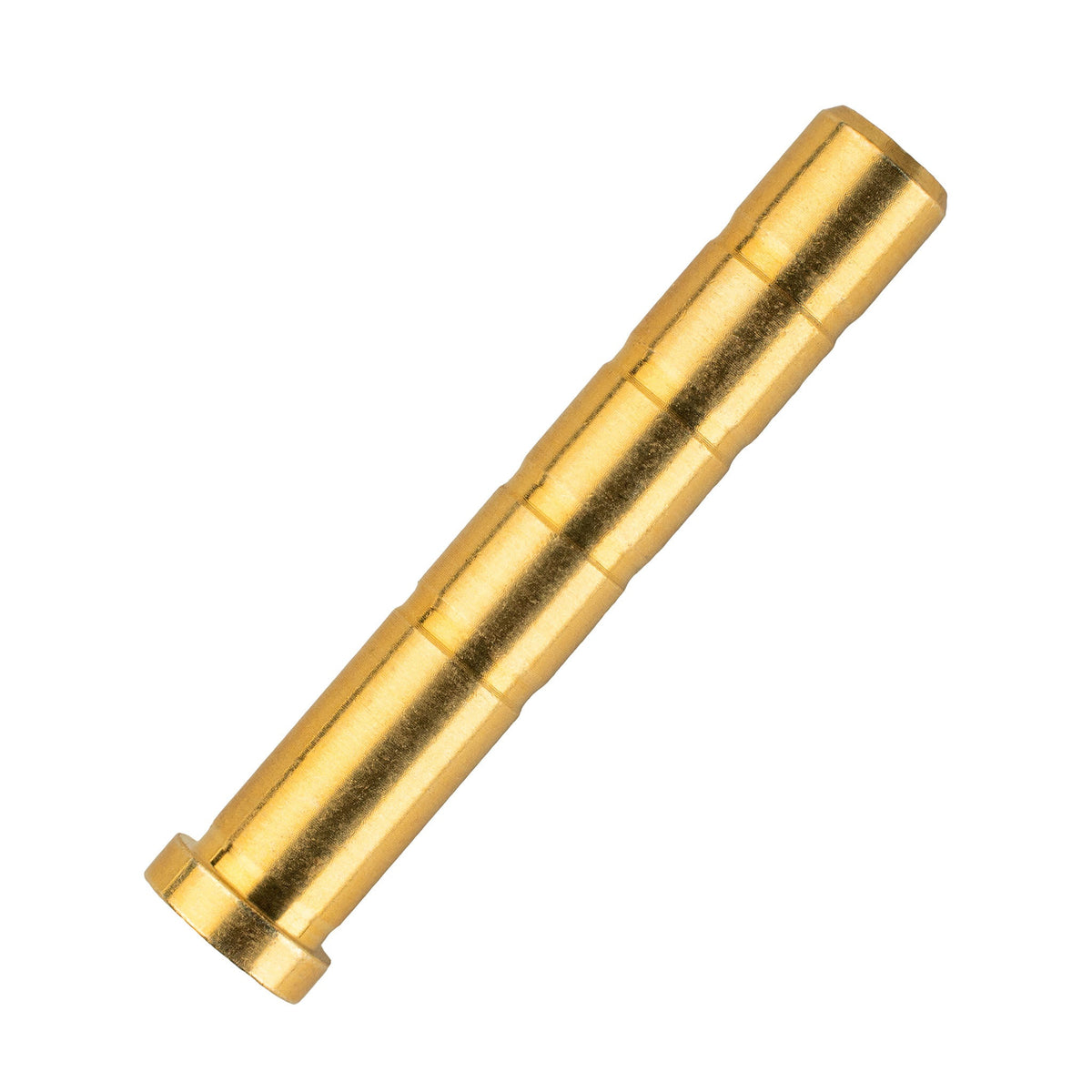 Close-up of a long brass-colored arrow insert with shallow grooves and a raised rim at one end.