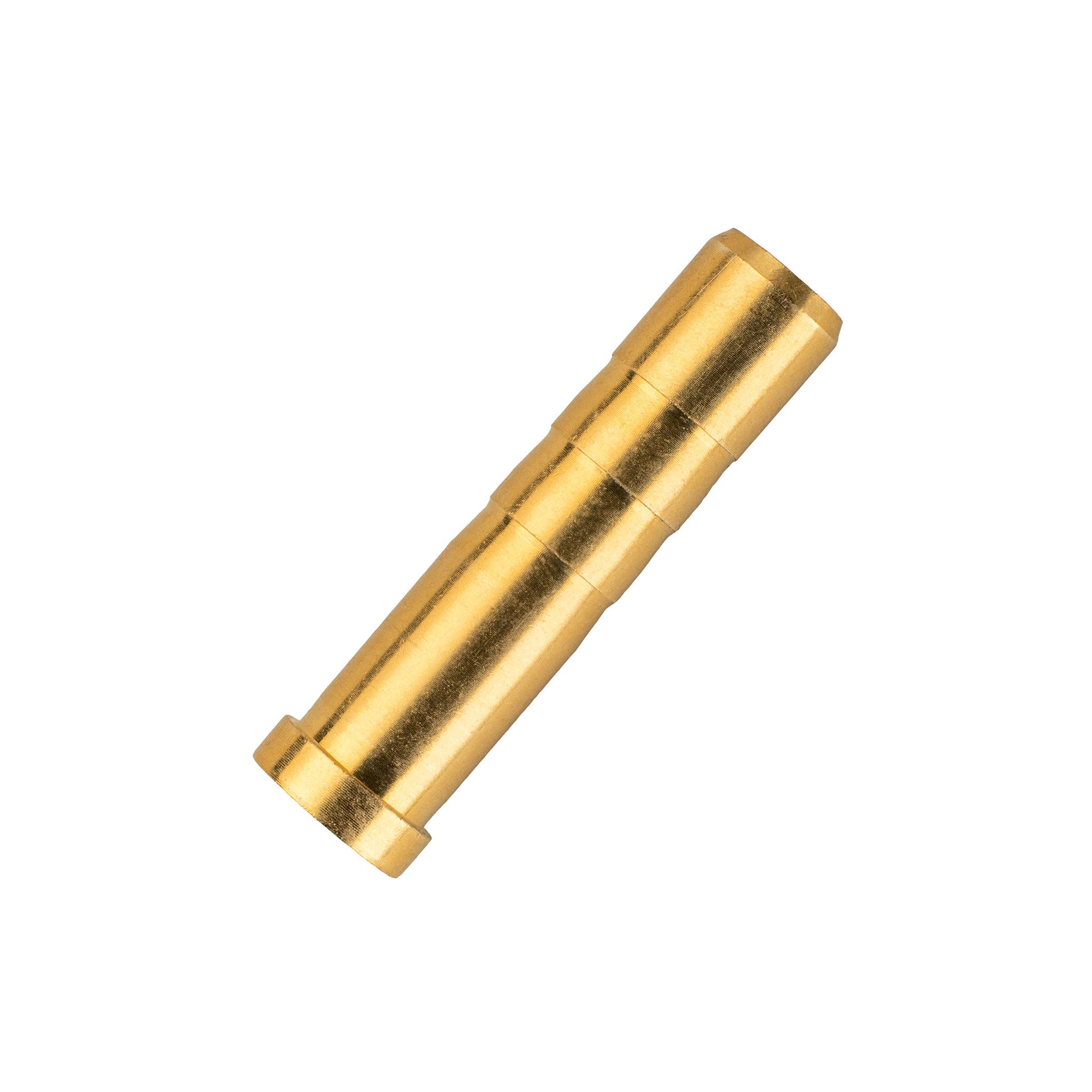 Close-up of a brass-colored arrow insert with shallow grooves and a raised rim at one end.