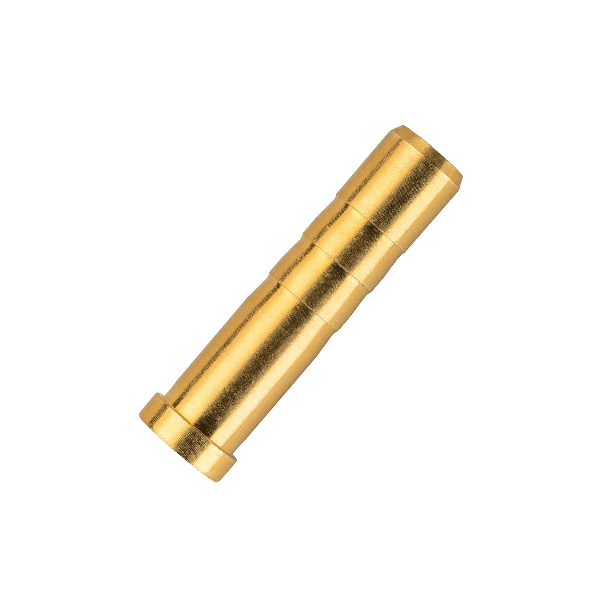 Close-up of a brass-colored arrow insert with shallow grooves and a raised rim at one end.