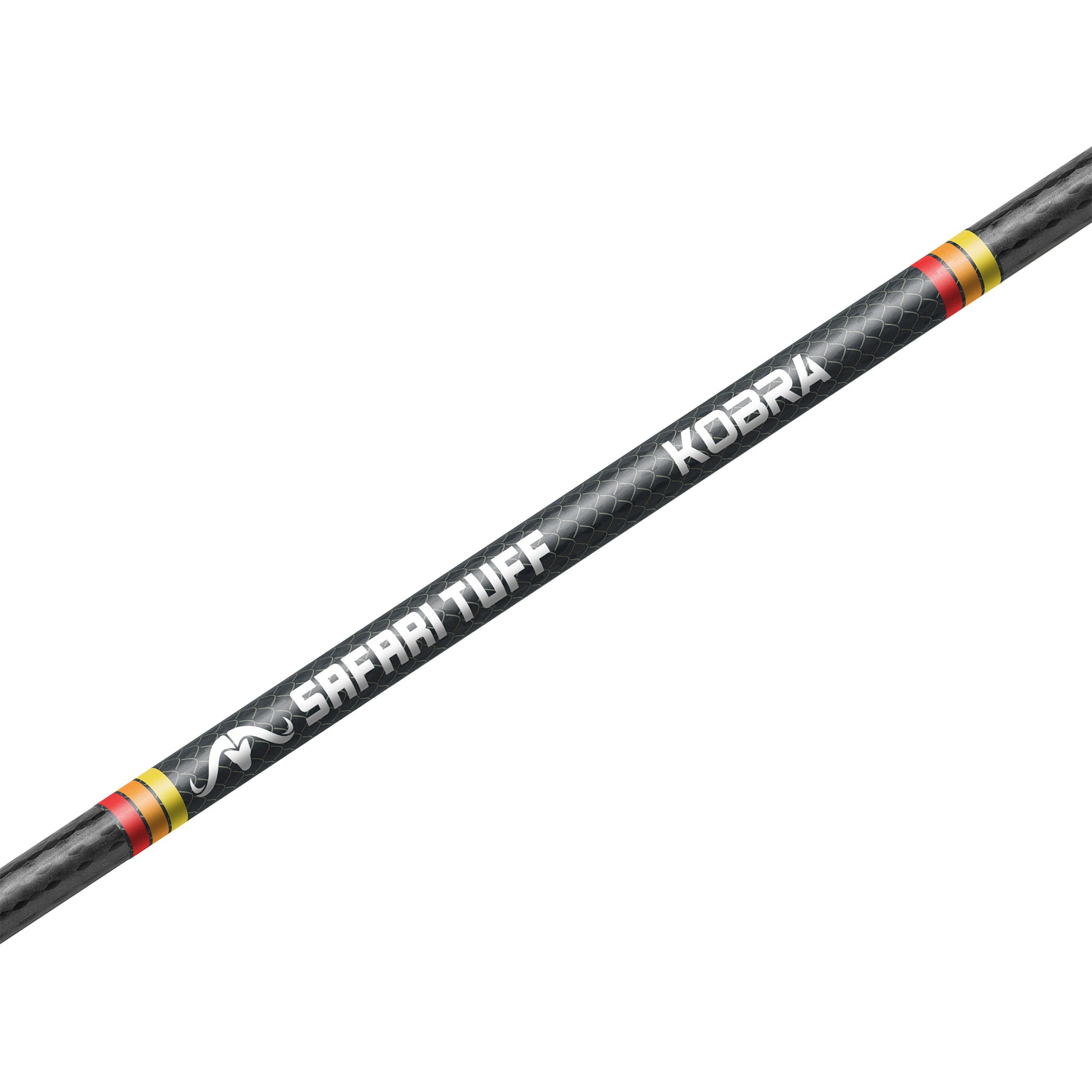 Close-up of the Safari Tuff Kobra arrow shaft label with a scale pattern and red, orange and yellow bands.