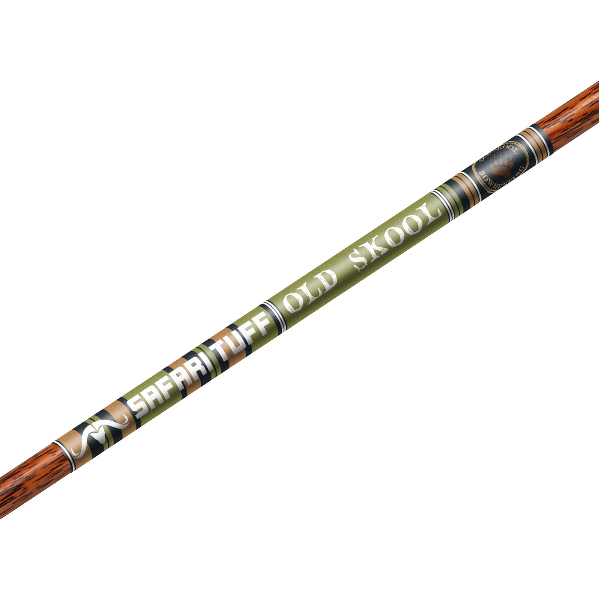 Close-up of the Safari Tuff Old Skool arrow shaft label with green, tan and black bands over a woodgrain pattern.