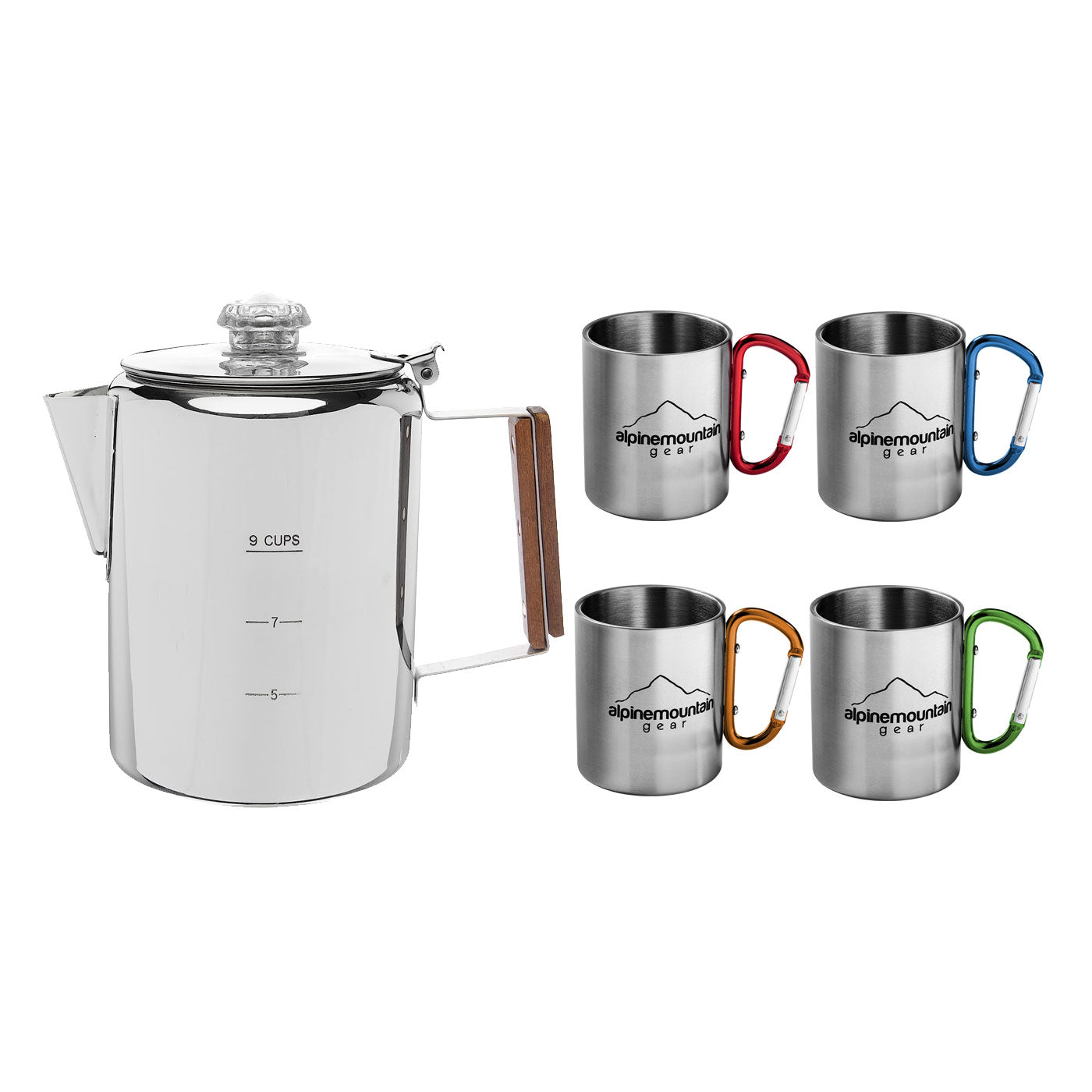 Alpine Mountain Gear Stainless Steel Coffee Set - Percolator and Mugs - 5 Piece Set