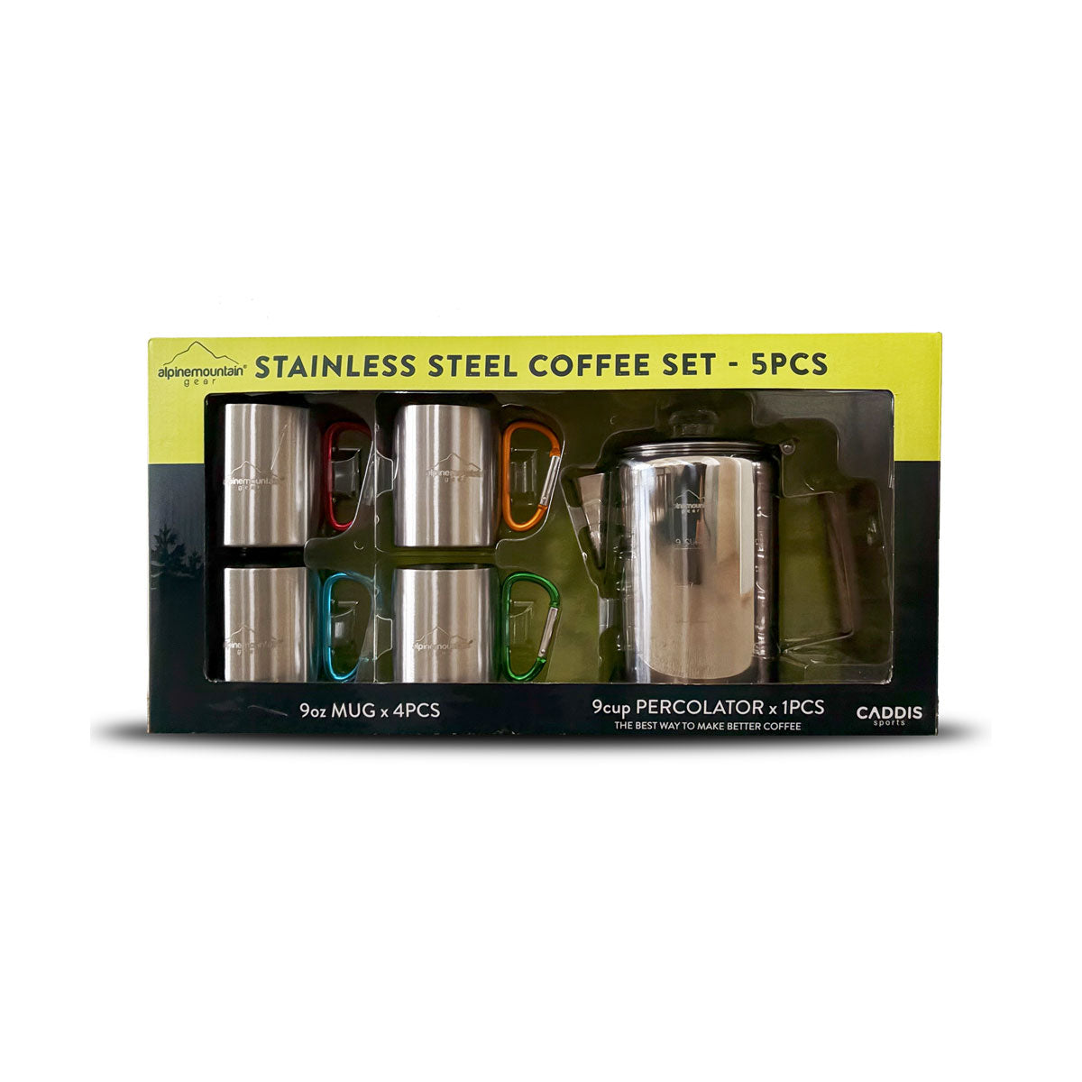 Alpine Mountain Gear Stainless Steel Coffee Set - Percolator and Mugs - 5 Piece Set