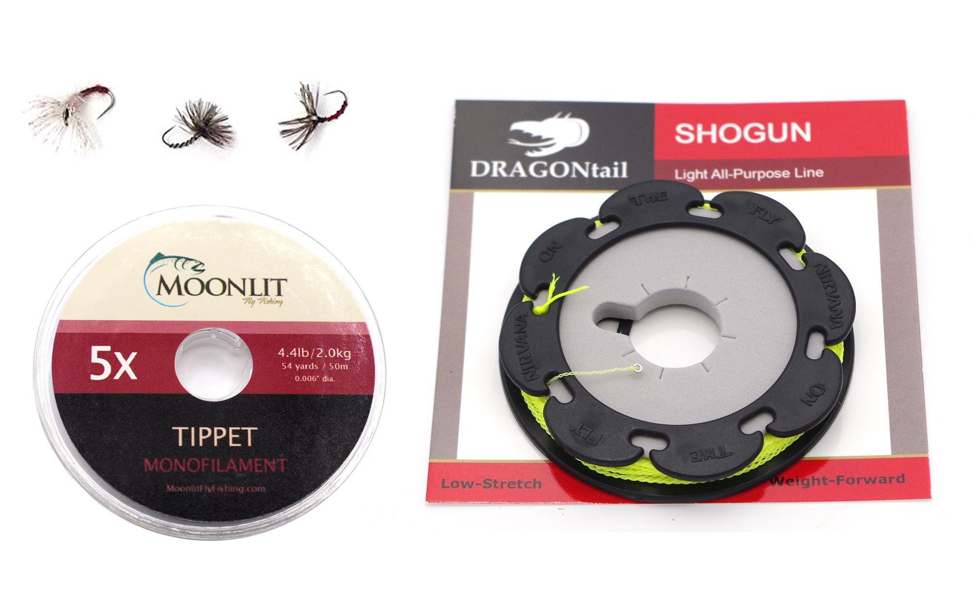 DRAGONtail Shogun starter kit with line holder, 5X tippet spool and three example flies