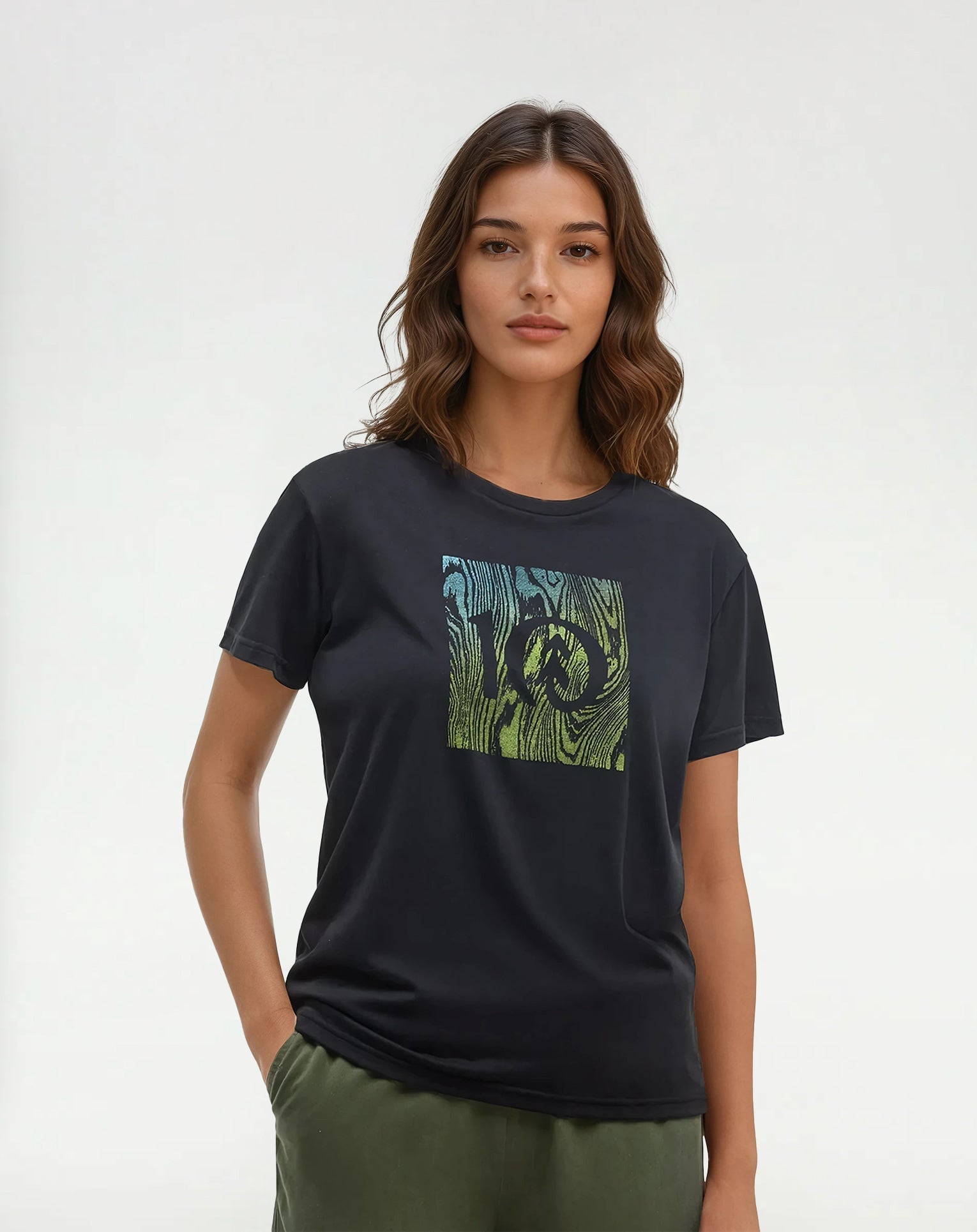 Tentree Women's Restoration Woodblock T-Shirt - Meteorite Black Lime Green
