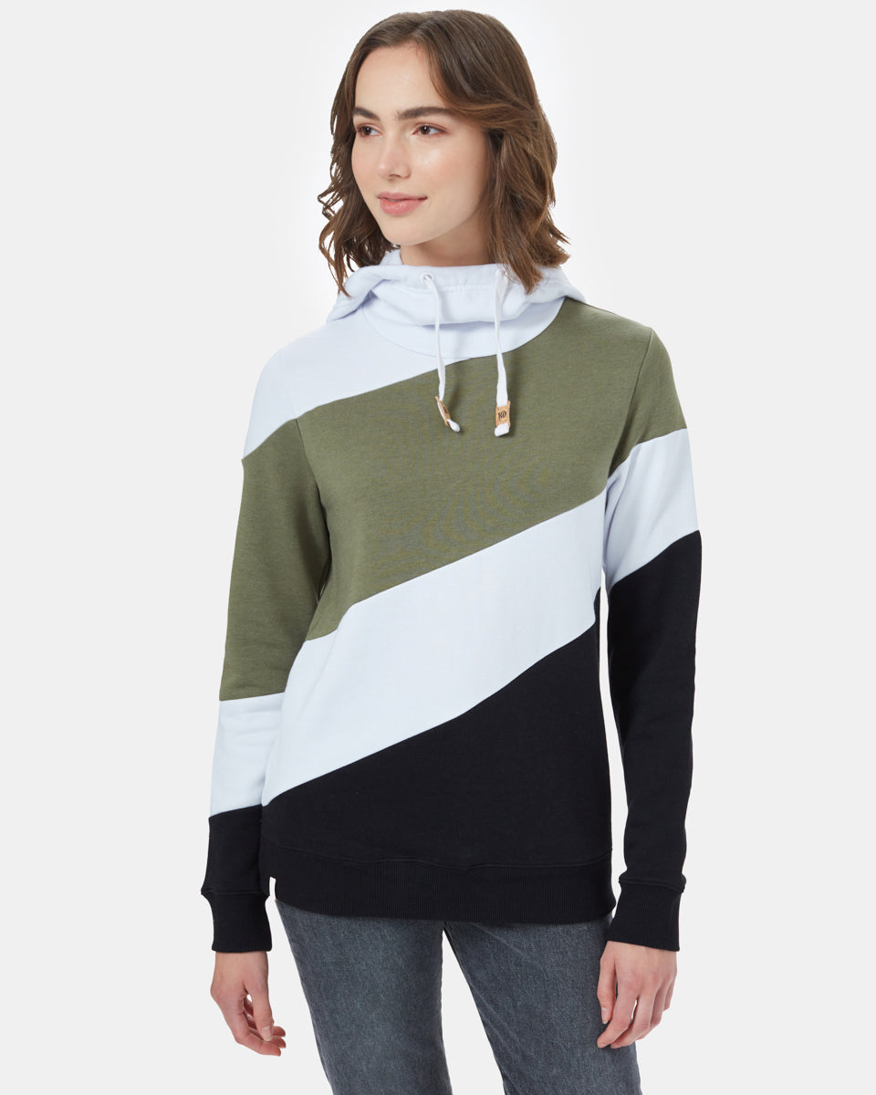 Tentree Women's TreeFleece Angle Blocked Hoodie - White Lichen Green Meteorite Black