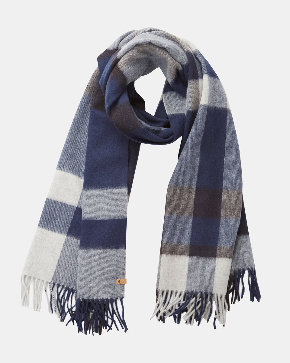 Tentree RWS Wool Woven Plaid Scarf - Dress Blue Light Grey Heather