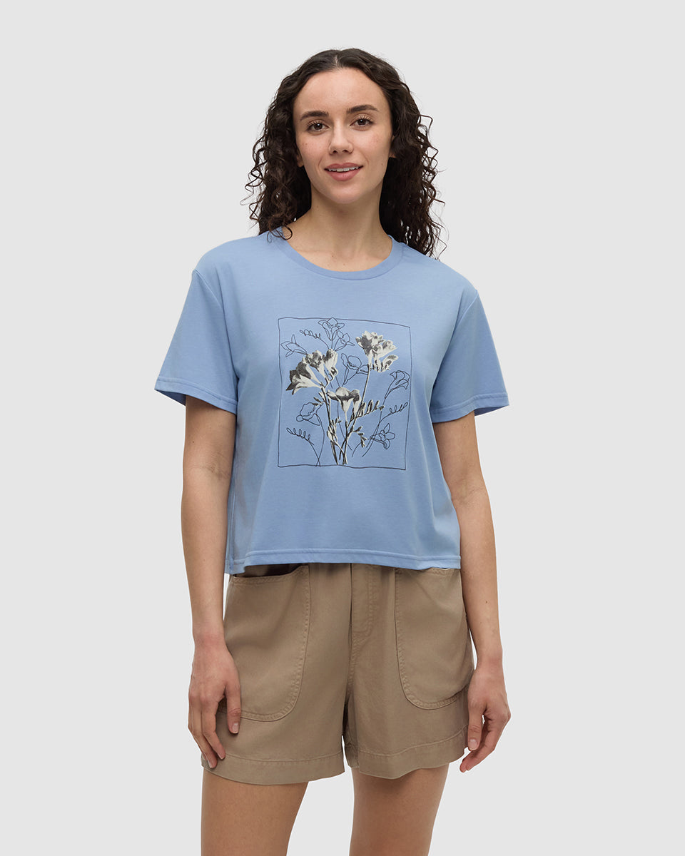 Tentree Women's Floral Crop T-Shirt - Lakeside Blue Meteorite Black