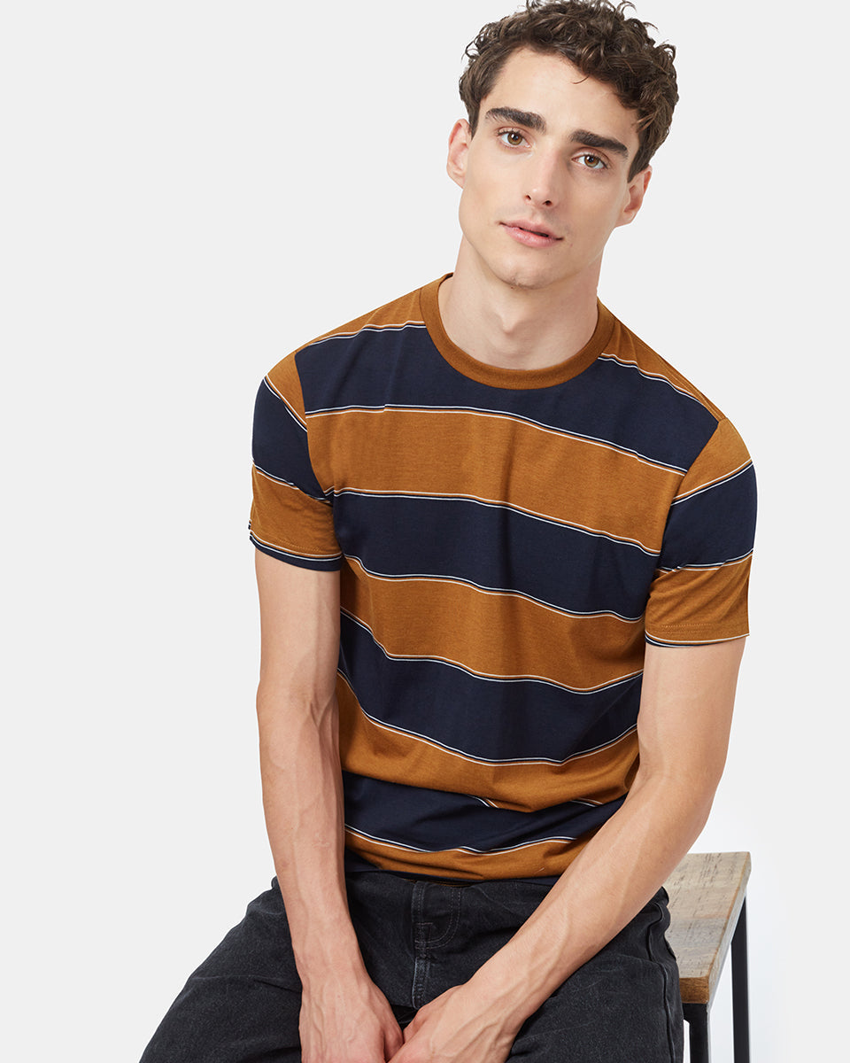 Tentree Rugby Stripe T-Shirt - Rubber Brown Midnight Blue Rugby Stripe