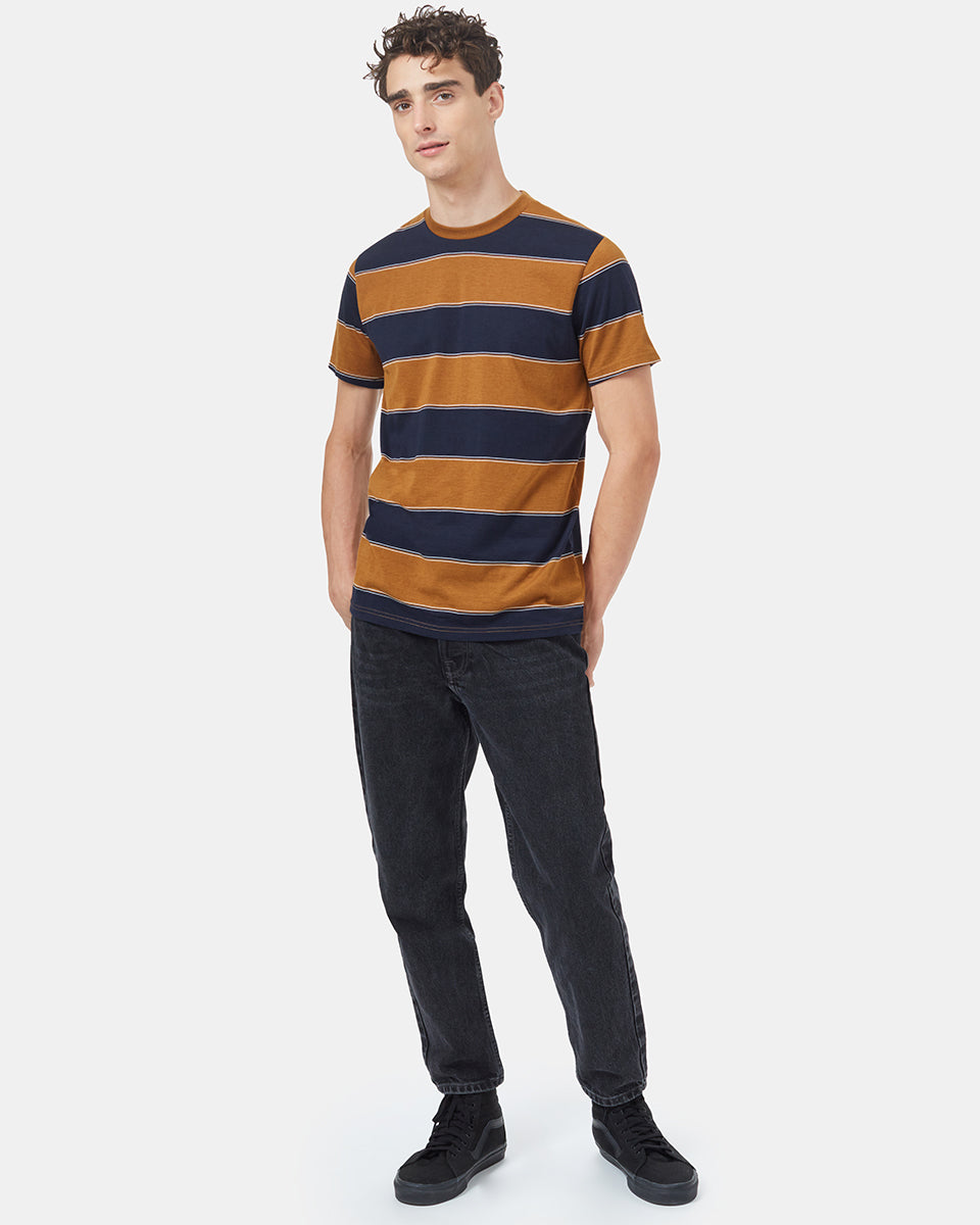 Tentree Rugby Stripe T-Shirt - Rubber Brown Midnight Blue Rugby Stripe