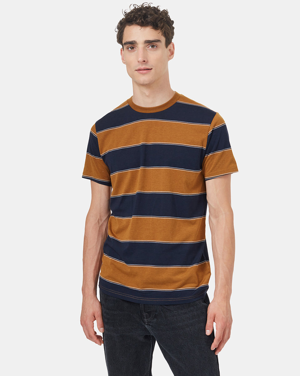 Tentree Rugby Stripe T-Shirt - Rubber Brown Midnight Blue Rugby Stripe