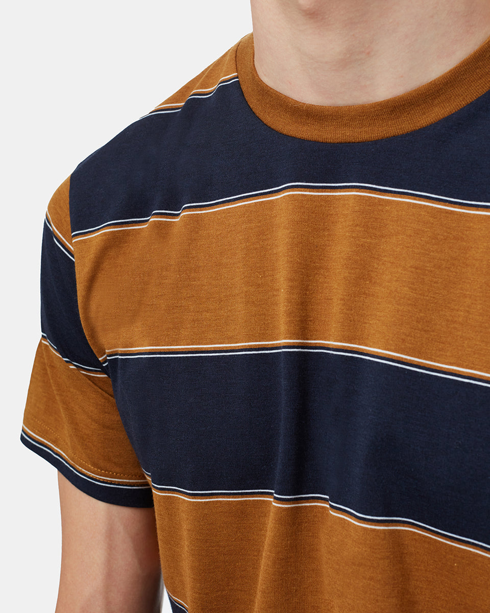 Tentree Rugby Stripe T-Shirt - Rubber Brown Midnight Blue Rugby Stripe
