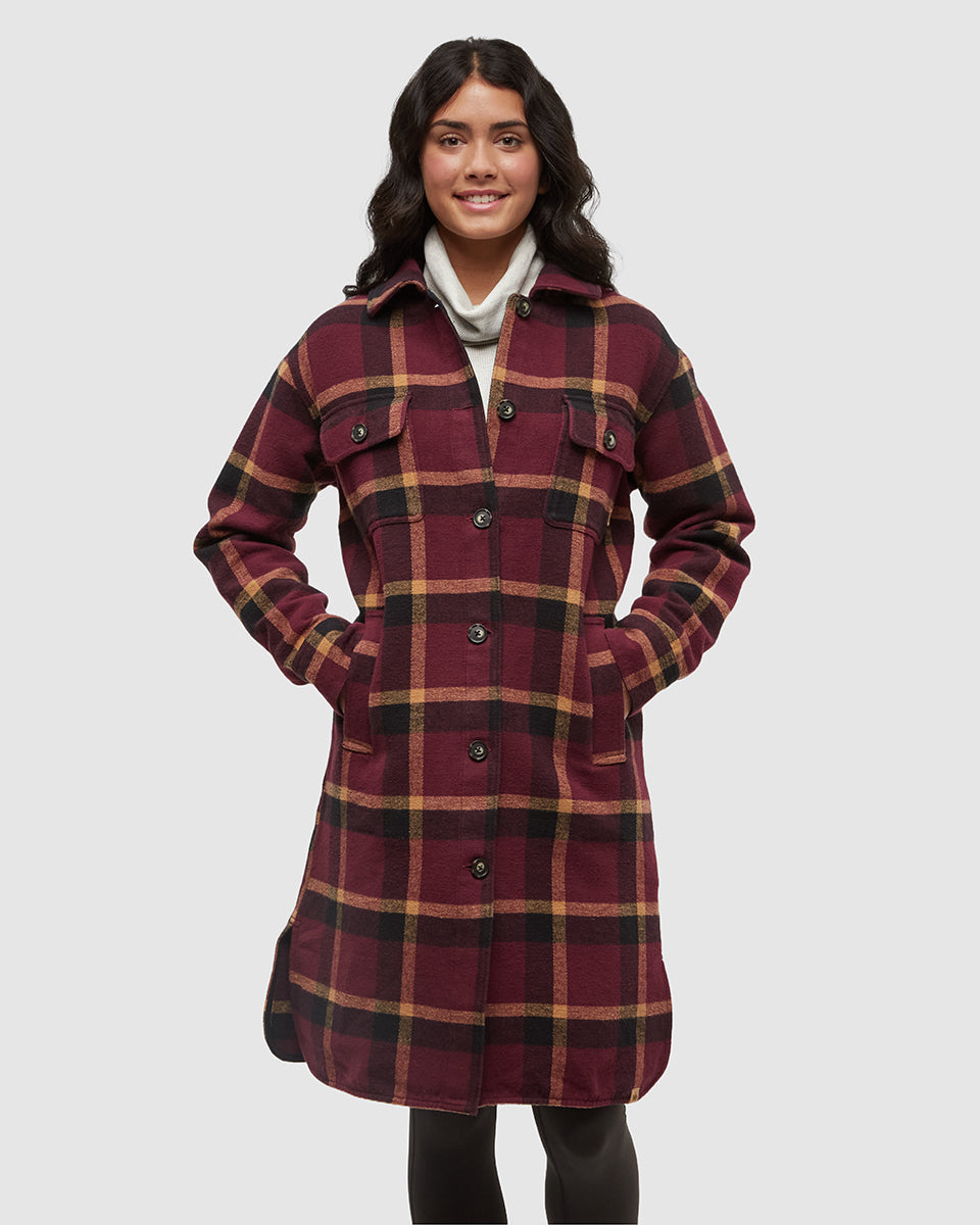 Tentree Women's Livingston Jacket - Deep Burgundy Modern Plaid Camel