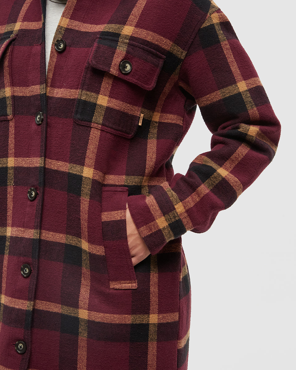 Tentree Women's Livingston Jacket - Deep Burgundy Modern Plaid Camel